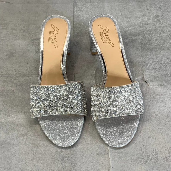 Jewel Badgley Mischka Women's Silver Glitter Della Rhinestone Slide Sandal SZ7.5 - Picture 4 of 9